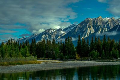 Scenic view of lake by mountains against sky