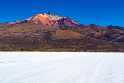 Scenic view of mountains against clear blue sky