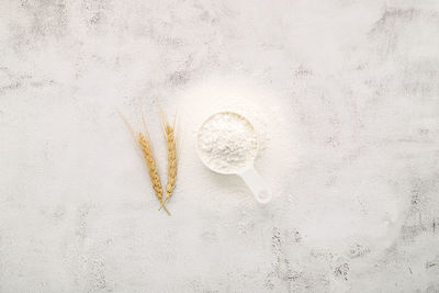 High angle view of bread on white table