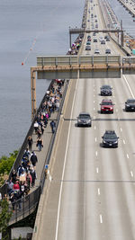 High angle view of people on road