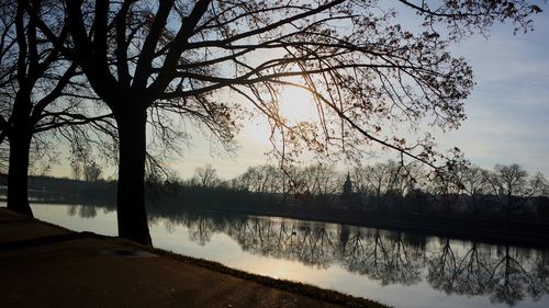 Silhouette trees by lake against sky during sunset