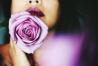 Close-up of woman holding pink rose