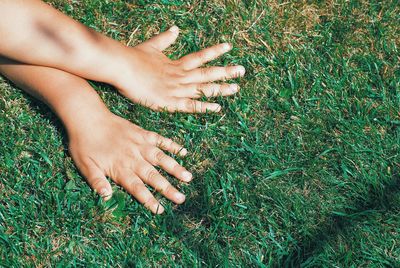 Midsection of woman hand on grass field