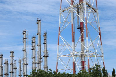 Low angle view of communications tower against sky