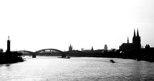 Bridge over river with city in background