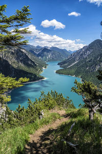 Scenic view of lake and mountains against sky