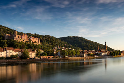 River by buildings in town against sky