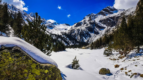 Scenic view of snow covered mountains against sky