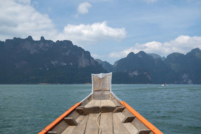 Ship nose front view long tail boat at ratchaprapa dam, suratthani, thailand