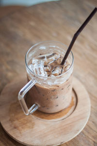 High angle view of drink in glass on table