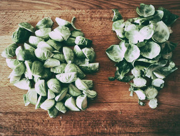 High angle view of chopped brussels sprouts on table