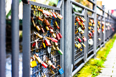 Close-up of padlocks on fence