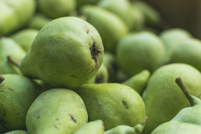 Full frame photography of freshly picked green pears on autumn day.