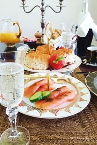 Close-up of breakfast served on table