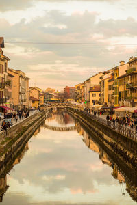 Reflection of buildings in river against sky