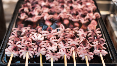 Succulent squids on the grill looks like flowers, tokyo seafood market, japan.