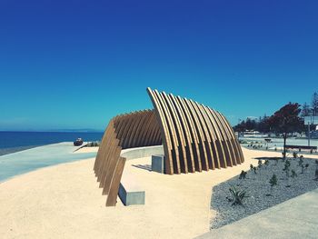 Scenic view of beach against clear blue sky