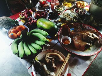 High angle view of vegetables in plate on table