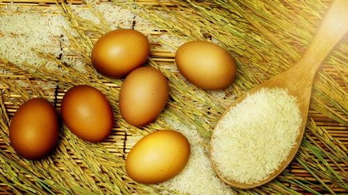 High angle view of eggs in basket