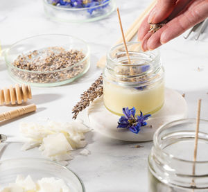 Set tools for homemade soy wax candles, making process. trendy diy. craft hobby, small business