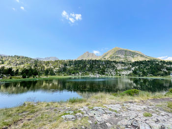 Panoramic view on andorra pyrenees mountains lake landscape