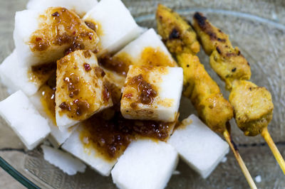 High angle view of food in plate