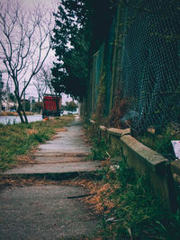 Empty footpath amidst trees and buildings