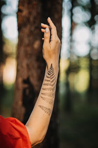 Woman with fern tattoo hugging trees and enjoying nature in the pine forest. person
