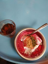 High angle view of breakfast served on table