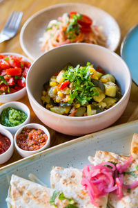 High angle view of food served on table