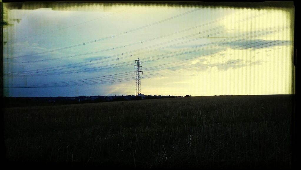 power line, electricity pylon, power supply, electricity, landscape, field, sky, fuel and power generation, tranquil scene, tranquility, cable, connection, transfer print, scenics, sunset, nature, technology, rural scene, beauty in nature, silhouette