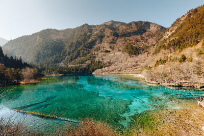 Scenic view of lake and mountains against sky