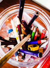 High angle view of multi colored pencils on table