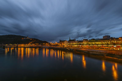 Illuminated buildings by river against sky at dusk