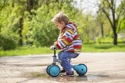 Side view of boy riding push scooter on road
