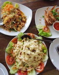 High angle view of food served on table