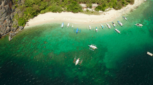 Tropical beach on island with palm trees, blue lagoon and azure clear water. helicopter island 