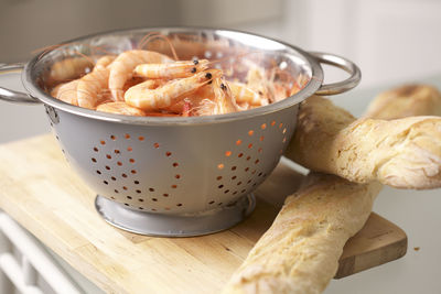 Close-up of shrimps in colander