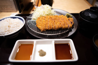 High angle view of meal served on table