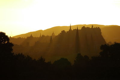 Scenic view of silhouette mountains against sky at sunset