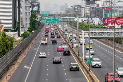 High angle view of traffic on road in city