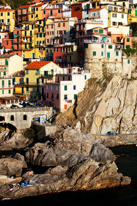 Buildings by rock formations at cinque terre