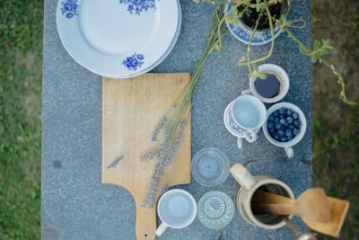 High angle view of coffee cup on table