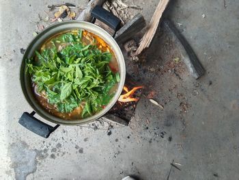 High angle view of food on barbecue grill