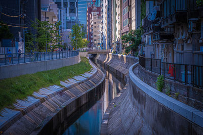 High angle view of road by buildings in city