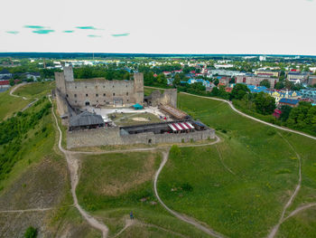 High angle view of buildings against sky