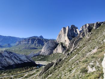 Scenic view of mountains against clear blue sky