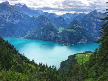 Scenic view of lake and mountains against sky