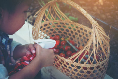 Rear view of girl holding basket