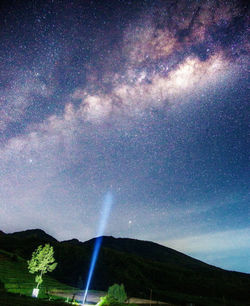 Scenic view of mountains against sky at night